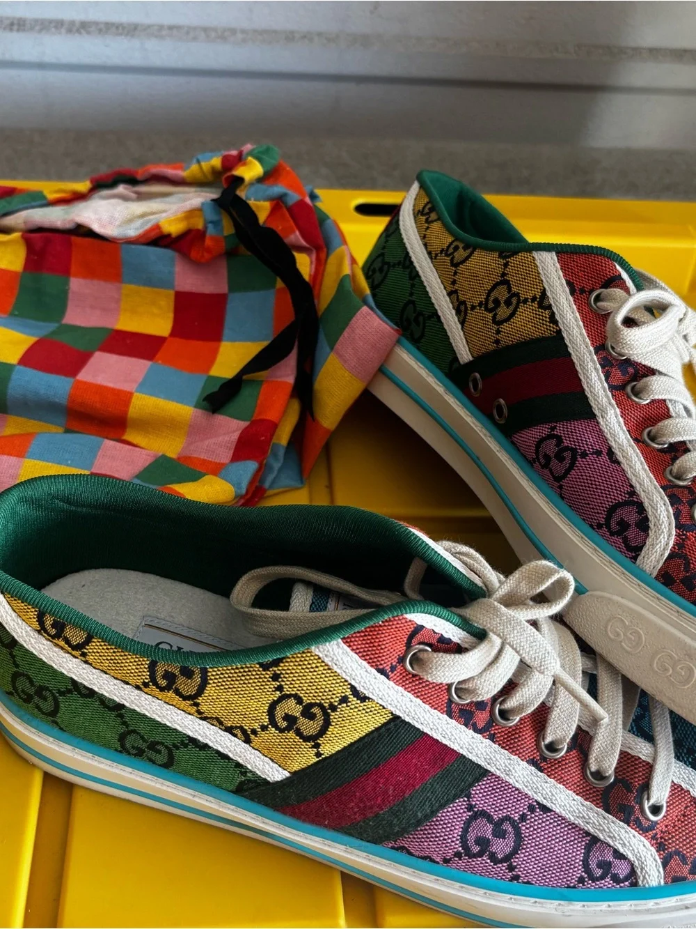 Gucci Multicolor GG Canvas Low-Top Sneakers with Green Trim